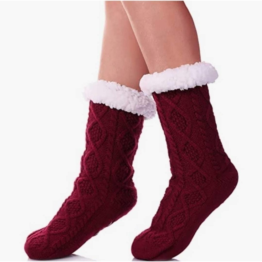 YSENSE Red Wine Knit Sherpa Lined Slipper Socks Large NWT